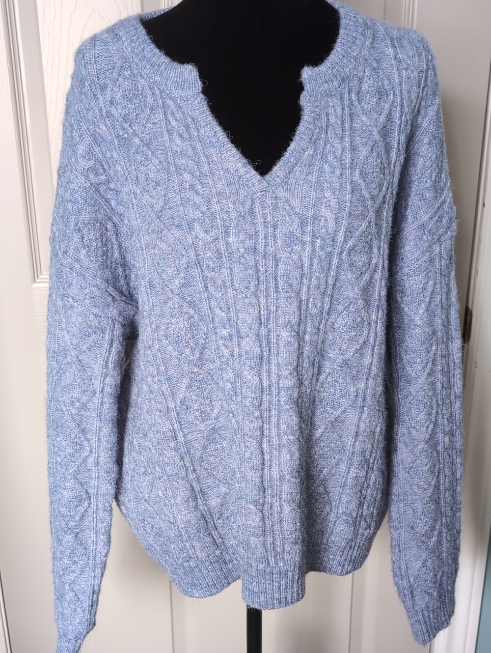 Women's Cable Knit V-Neck Sweater in Heathered Light Blue